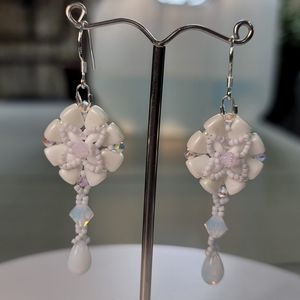 Hand-Beaded White/ Blush Wedding Earrings